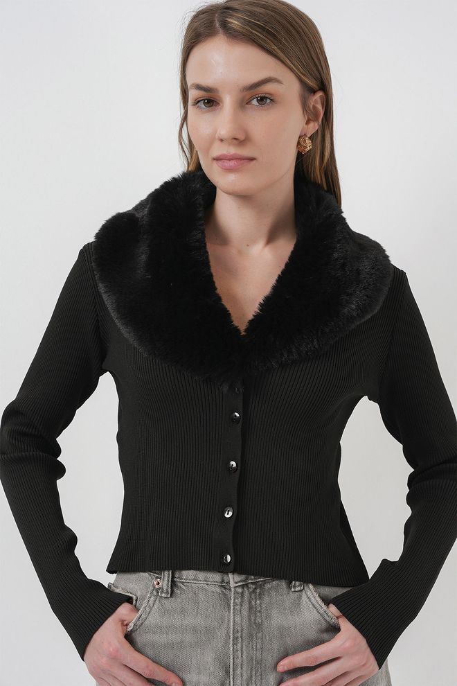 Bigdart Knitted Cardigan With Fur Collar Black Wholesale Clothing Elegant