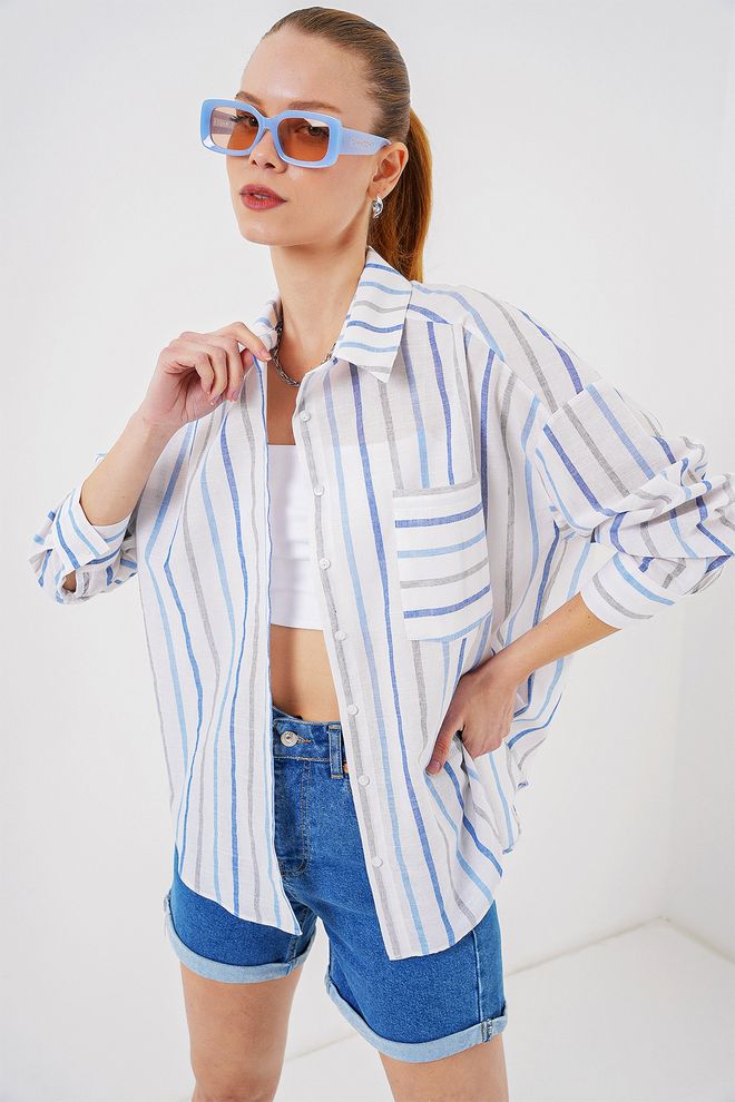 Bigdart Dryžuoti Oversize Marškinėliai 20278 Mėlyni Didmeninė prekyba drabužiais Kokteilinė