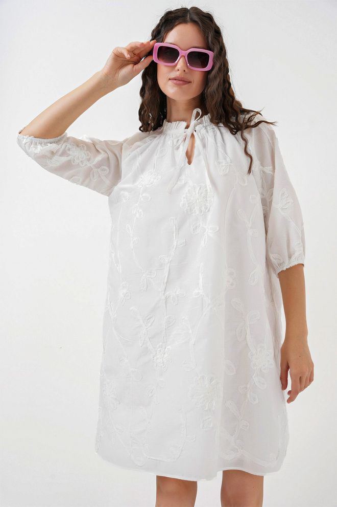 Bigdart Patterned Short Dress 2528 White Wholesale Clothing Casual