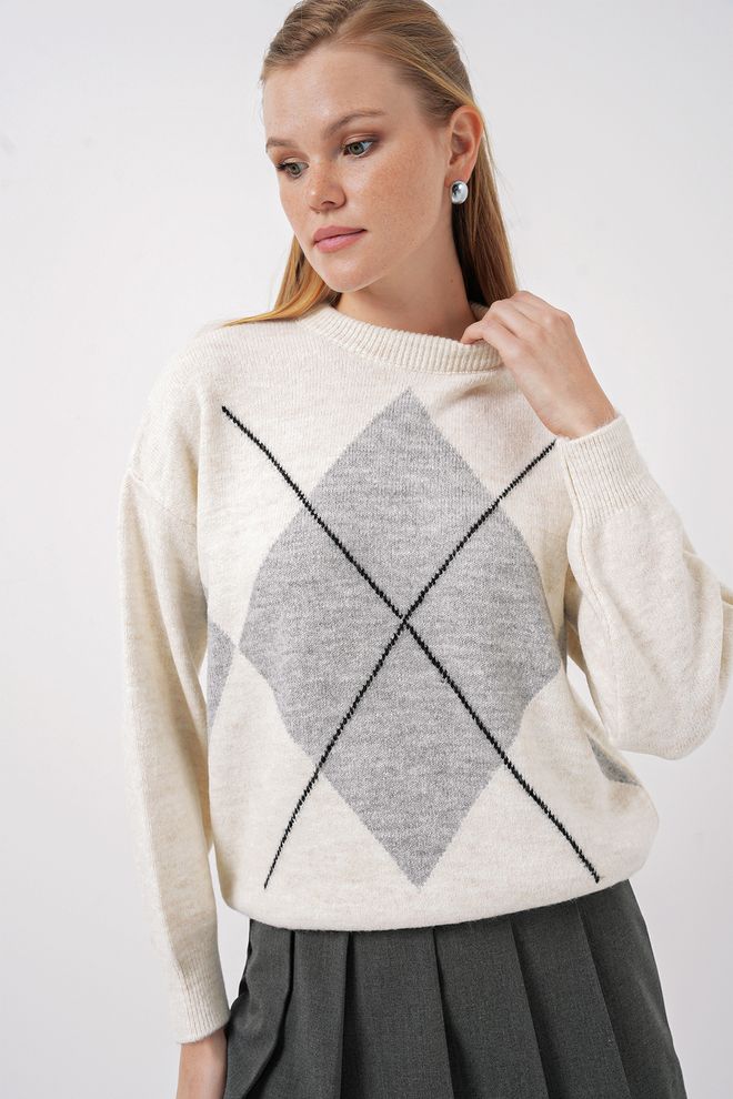 Bigdart Baklava Patterned Oversized Knitwear Sweater A.gri Wholesale Clothing Casual
