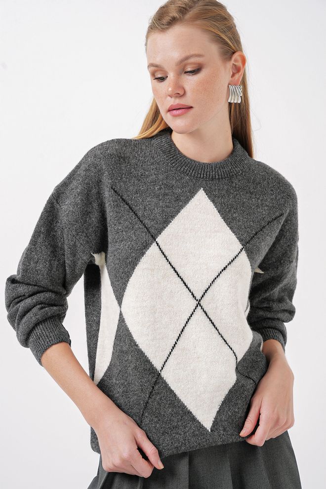 Bigdart Baklava Patterned Oversized Knitwear Sweater Anthracite Wholesale Clothing Casual