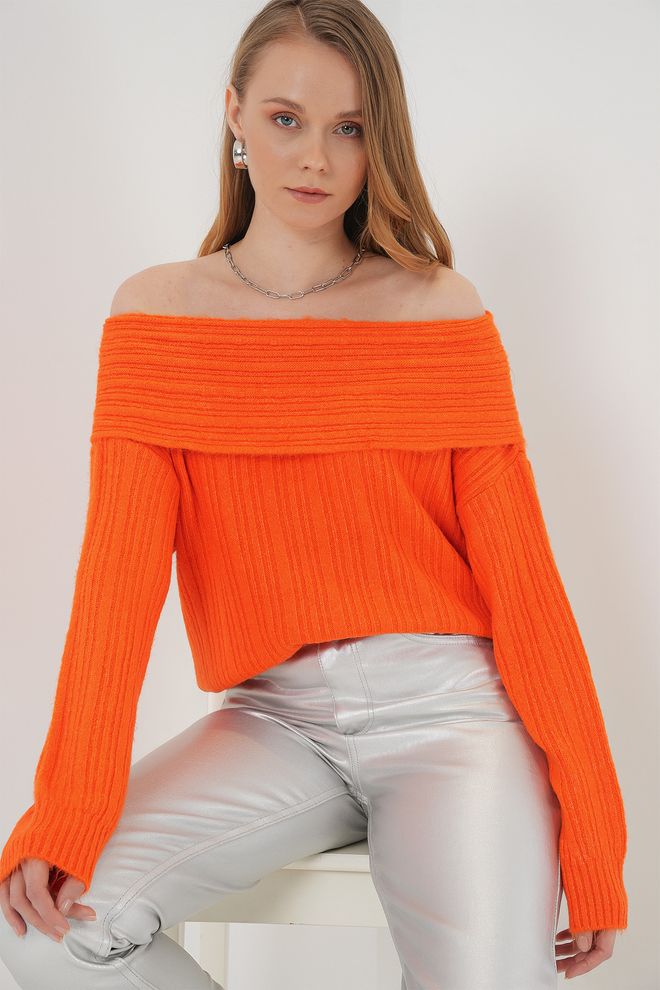 Bigdart Women's Open Shoulder Oversize Knitwear Sweater Orange Wholesale Clothing Elegant