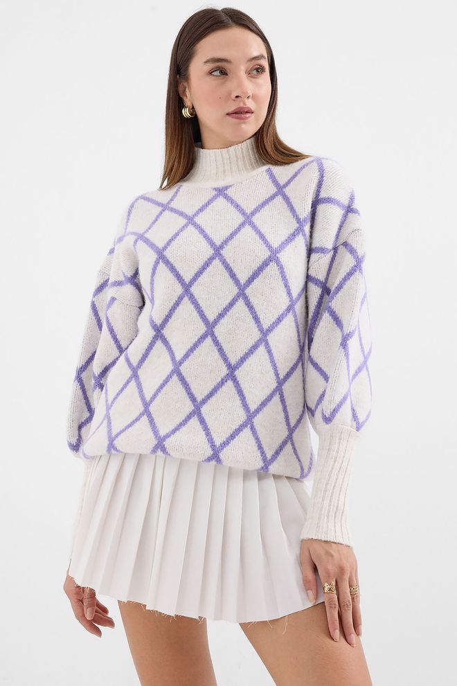 Bigdart Weiß Karierter Pullover Mit Übergroßem Schnitt Und Hohem Hals Großhandelskleidung Lässig