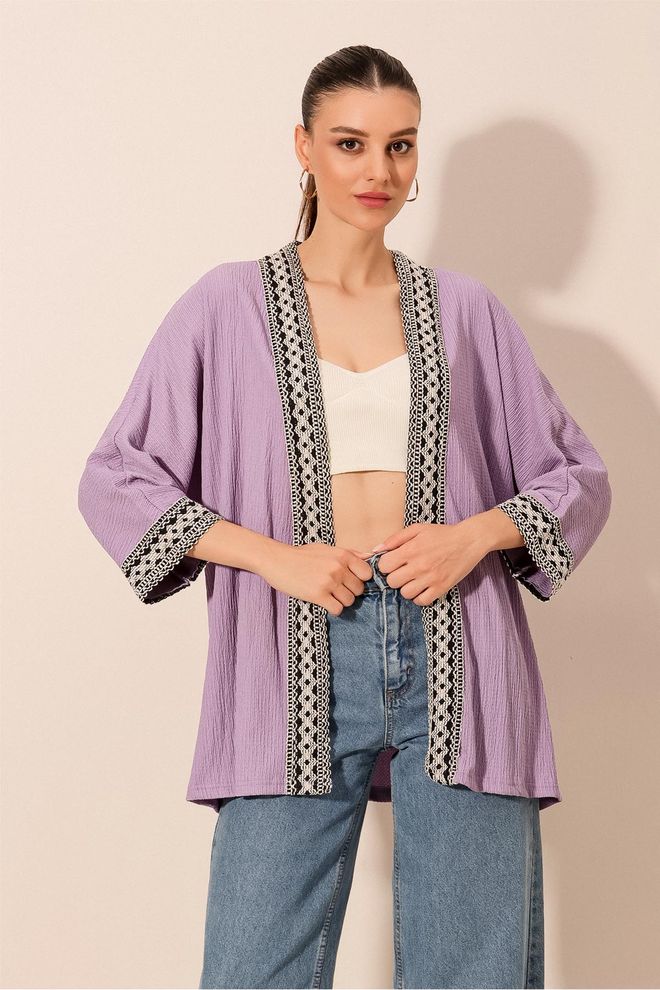 Bigdart Purple Boho Kimono With Open Front And 3/4 Sleeves Wholesale Clothing Casual