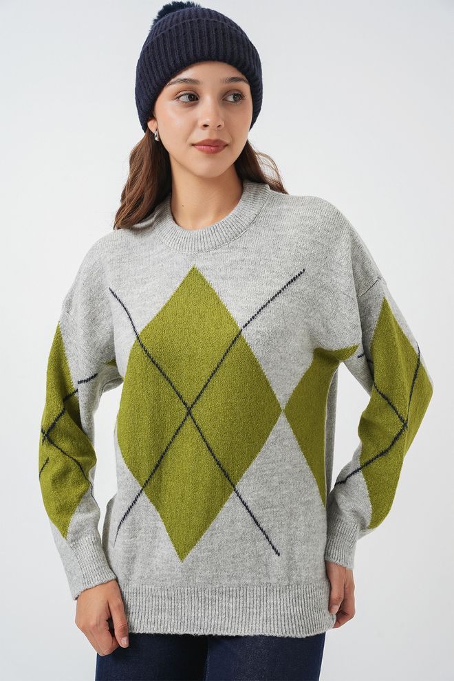 Bigdart Camisola Cinzenta Com Padrão Argyle E Corte Oversized Roupas por atacado Outono