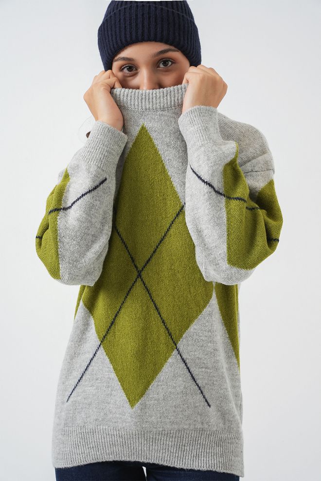 Bigdart Camisola Cinzenta Com Padrão Argyle E Corte Oversized Roupas por atacado A relaxar