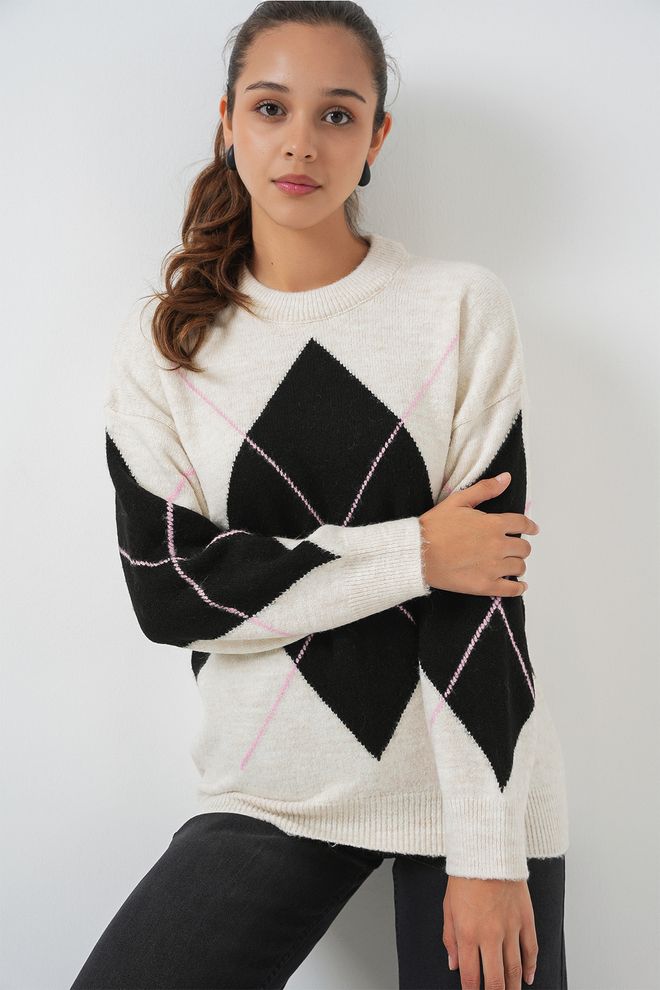 Bigdart Camisola Preta Com Padrão Argyle Gola Redonda E Mangas Compridas Roupas por atacado A relaxar
