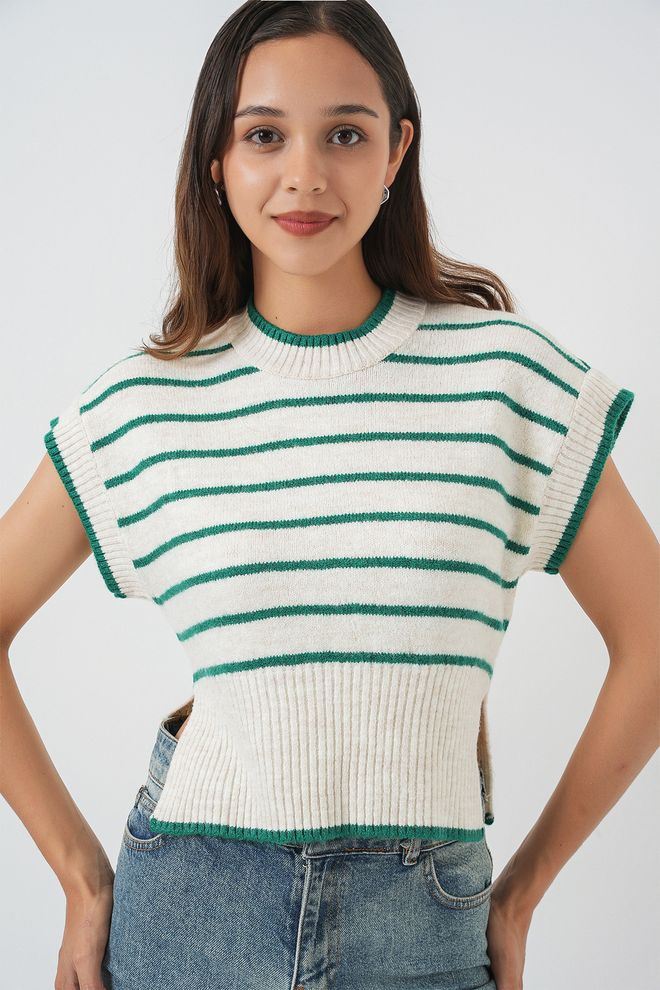 Bigdart White Sleeveless Striped Slim Fit Sweater Wholesale Clothing Casual