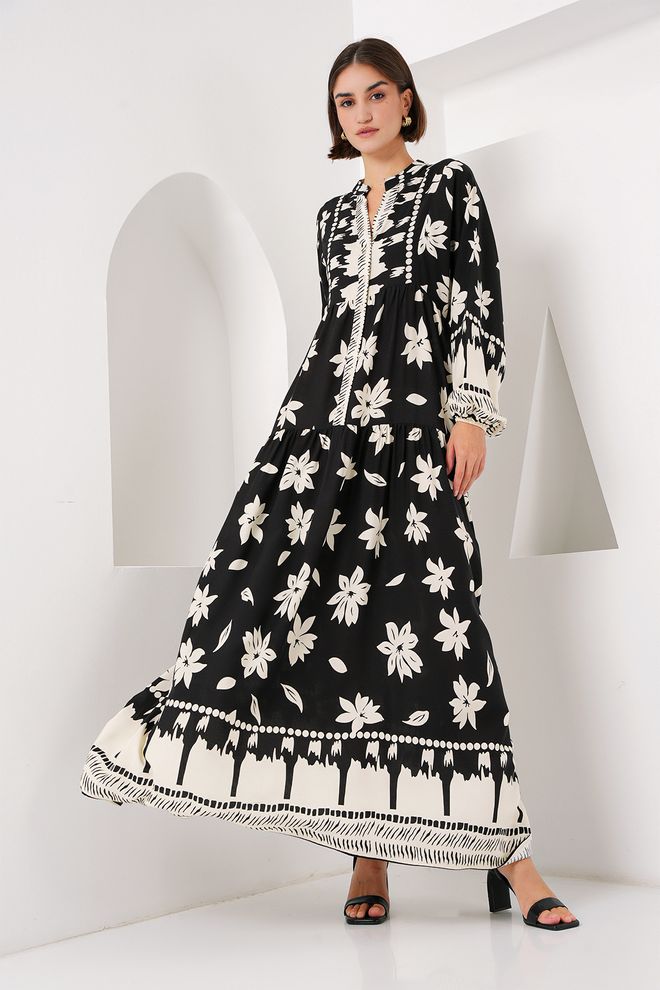 Bigdart Μαύρο Εθνοτικό Φόρεμα Smock Με Floral Μοτίβο Χονδρικό εμπόριο ενδυμάτων Σαλόνι