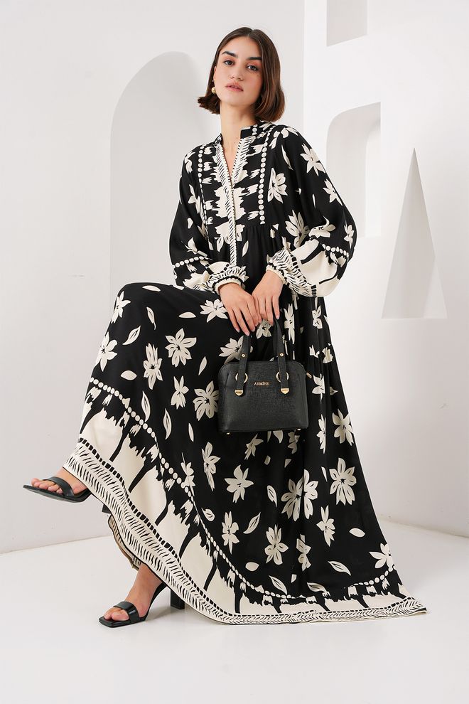 Bigdart Μαύρο Εθνοτικό Φόρεμα Smock Με Floral Μοτίβο Χονδρικό εμπόριο ενδυμάτων Απλό