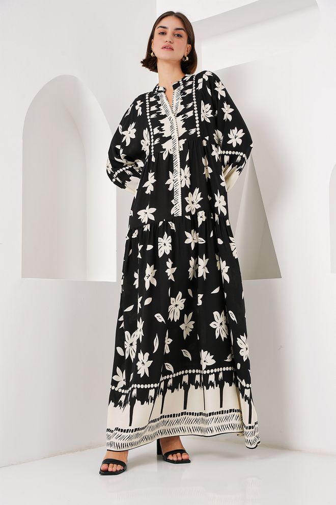Bigdart Μαύρο Εθνοτικό Φόρεμα Smock Με Floral Μοτίβο Χονδρικό εμπόριο ενδυμάτων 1