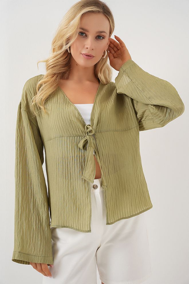 Bigdart Blusa Caqui Con Escote En V Y Mangas Largas Ropa al por mayor Modesto