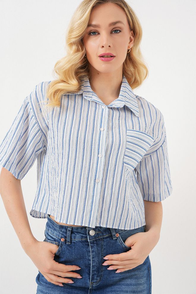 Bigdart Camisa Curta Casual Listrada Azul Roupas por atacado Casual