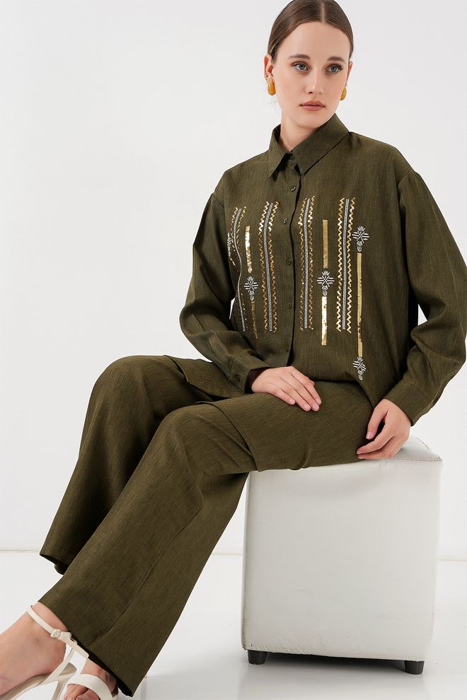 Bigdart Πράσινο Εθνοτικό Επίσημο Ταγέρ Με Παντελόνι Palazzo Χονδρικό εμπόριο ενδυμάτων Απλό