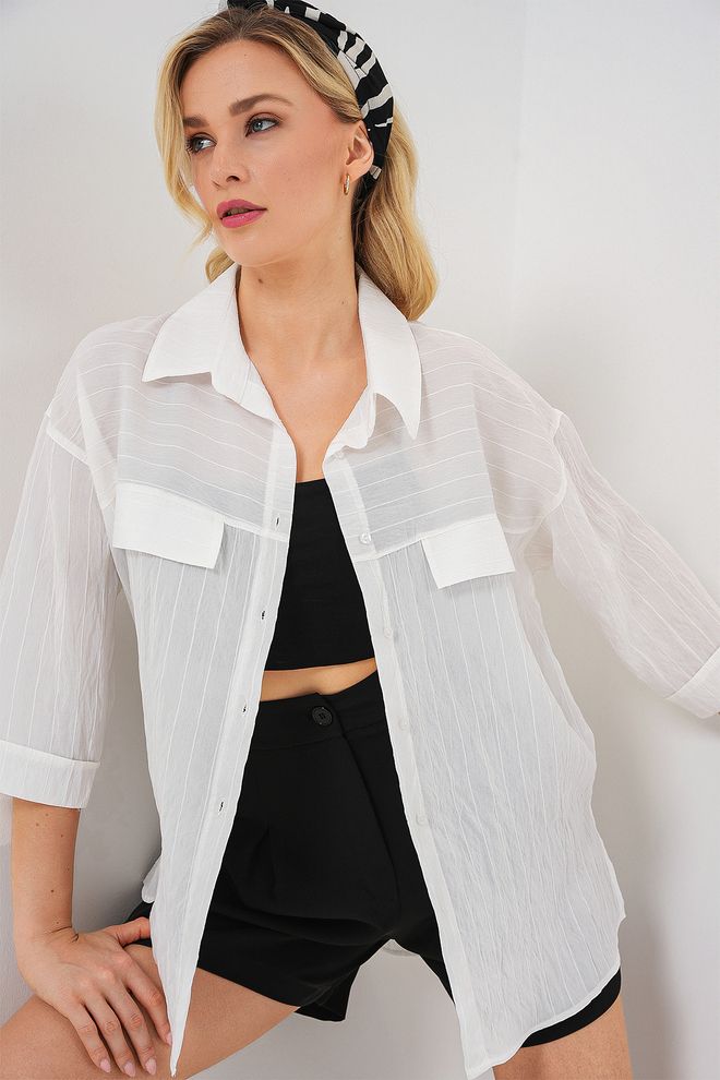 Bigdart White Casual Buttoned Shirt With 3/4 Sleeves Wholesale Clothing Modest