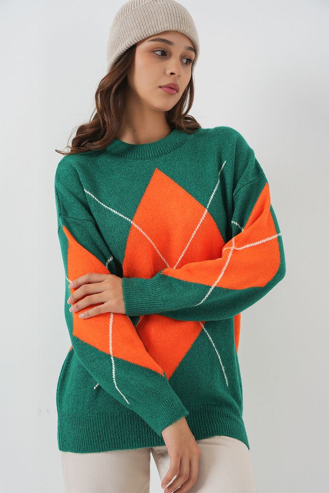 Bigdart Camisola Verde Argyle Casual Oversized Outono Inverno Roupas por atacado A relaxar