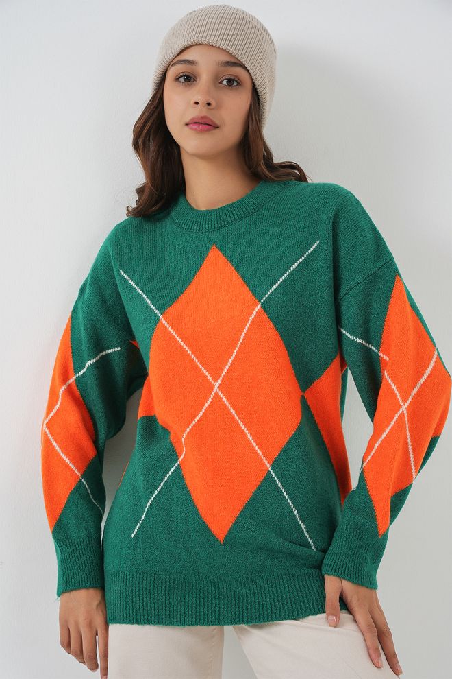 Bigdart Camisola Verde Argyle Casual Oversized Outono Inverno Roupas por atacado Outono