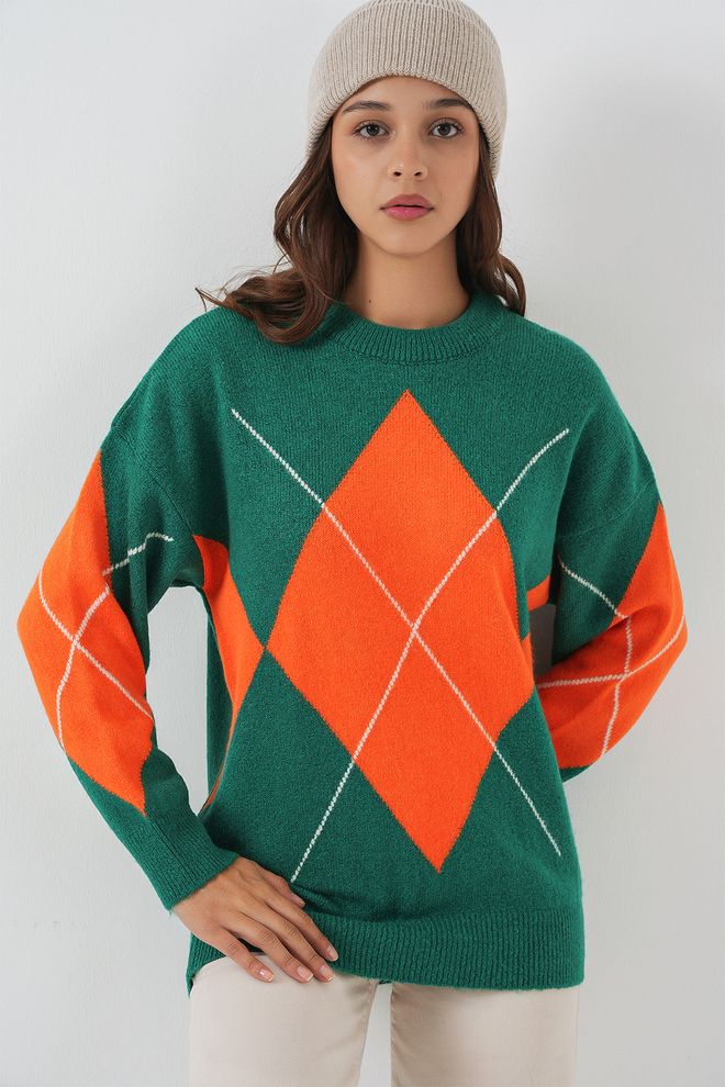 Bigdart Camisola Verde Argyle Casual Oversized Outono Inverno Roupas por atacado Casual