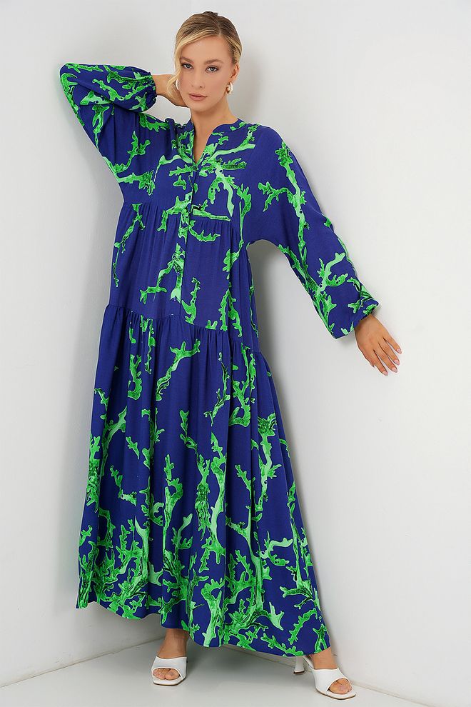 Bigdart Mavi Boho Çiçekli Smock Elbise Toptan Giyim Ev Hali
