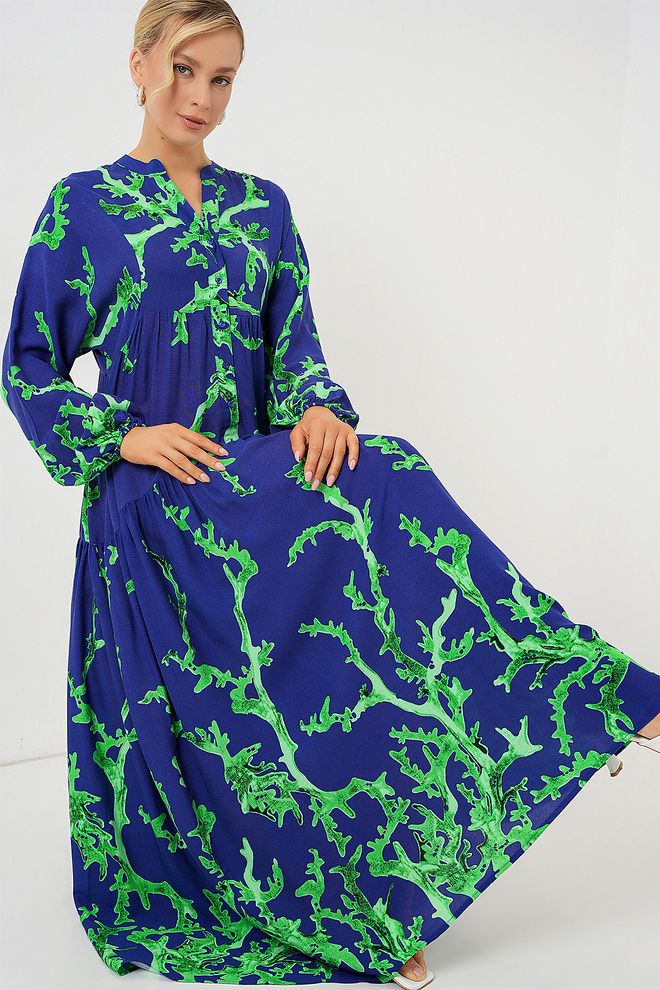 Bigdart Mavi Boho Çiçekli Smock Elbise Toptan Giyim 1