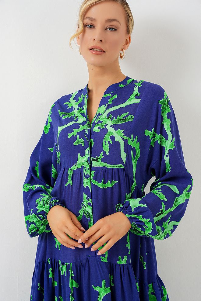 Bigdart Mavi Boho Çiçekli Smock Elbise Toptan Giyim Bahar