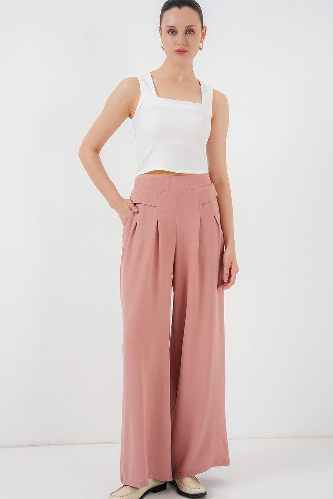 Bigdart Pembe Palazzo Pantolon Geniş Paça Ve Yüksek Bel (Pink Palazzo Pants With Wide Leg And High Waist) Toptan Giyim Gündelik
