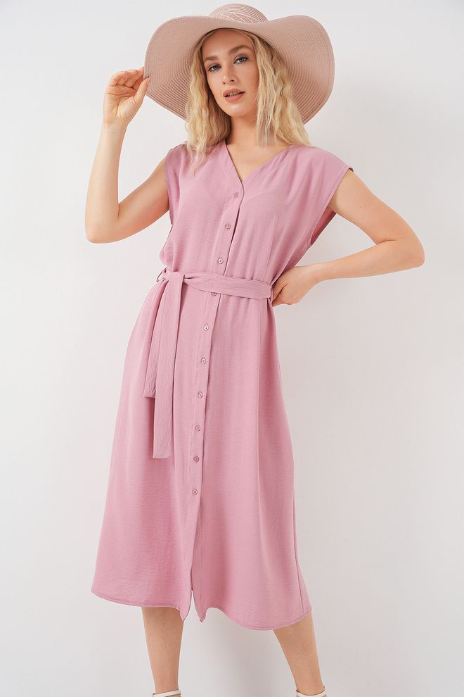 Bigdart Rosa Shift Kleid Mit V Ausschnitt Und Kappenärmeln Großhandelskleidung Modest