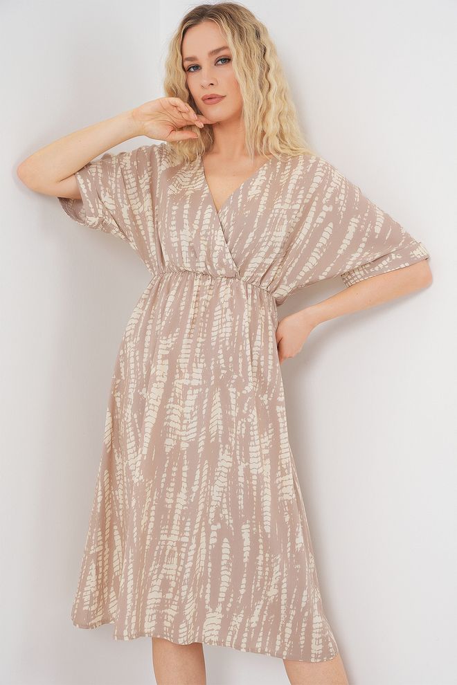 Bigdart Beige Wrap V Neck Midi Dress With Tie Dye Wholesale Clothing Casual