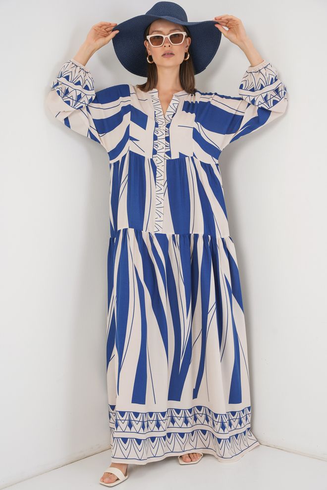 Bigdart Mėlyna Boho Su Geometriniu Raštu Smock Suknelė Didmeninė prekyba drabužiais Apykaklė su įkirpimu