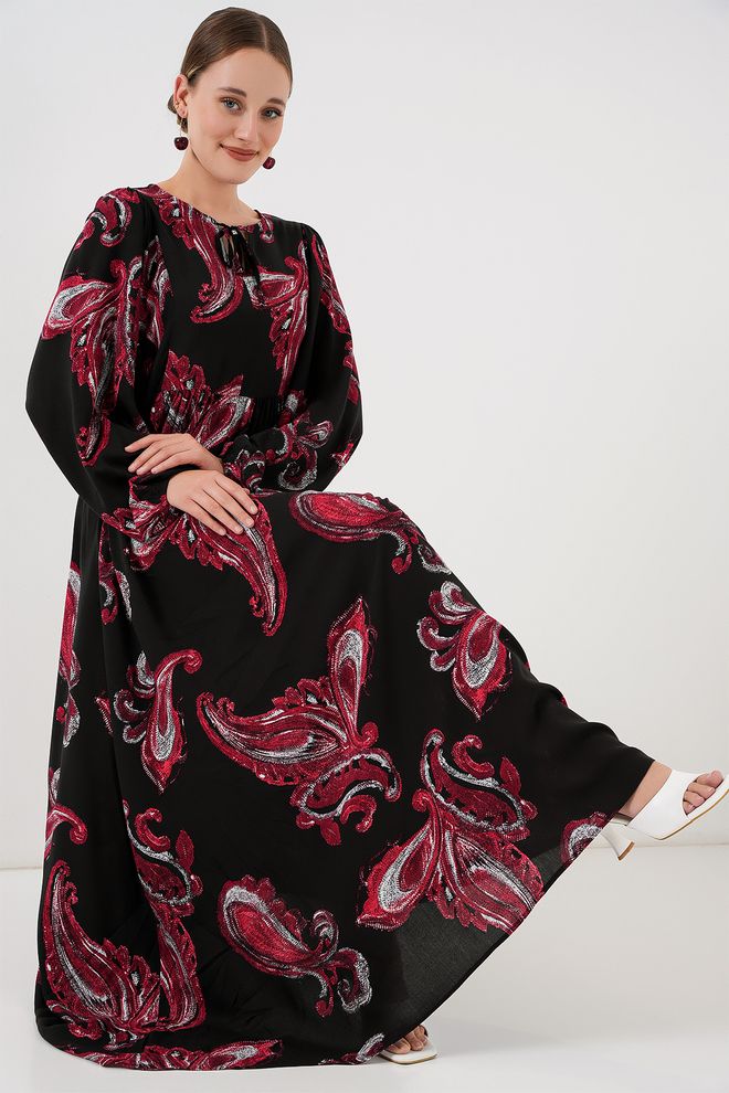 Bigdart Siyah Paisley Desenli Tesettür Smock Elbise Balon Kollu Toptan Giyim Ev Hali