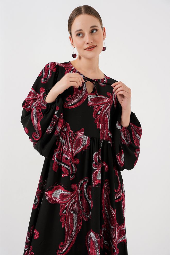 Bigdart Siyah Paisley Desenli Tesettür Smock Elbise Balon Kollu Toptan Giyim Bahar