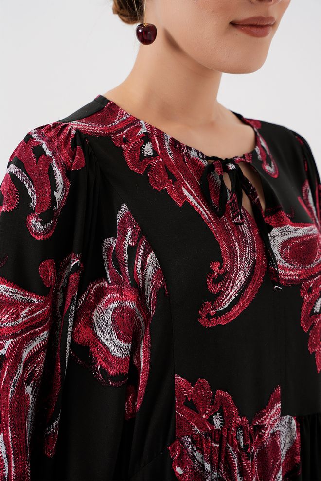 Bigdart Siyah Paisley Desenli Tesettür Smock Elbise Balon Kollu Toptan Giyim Gündelik
