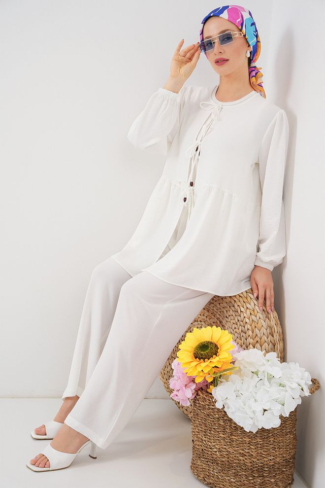 Bigdart White Elegant Tie Closure Suit Wholesale Clothing Modest