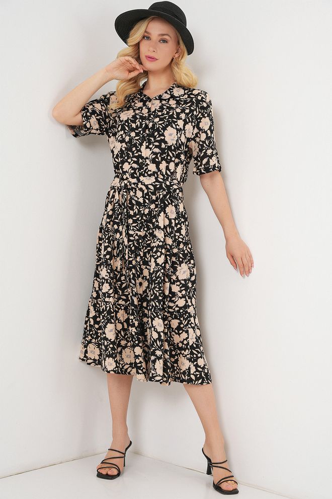 Bigdart Vestido Camisa Midi Floral Negro Con Cuello Entallado Ropa al por mayor Casual