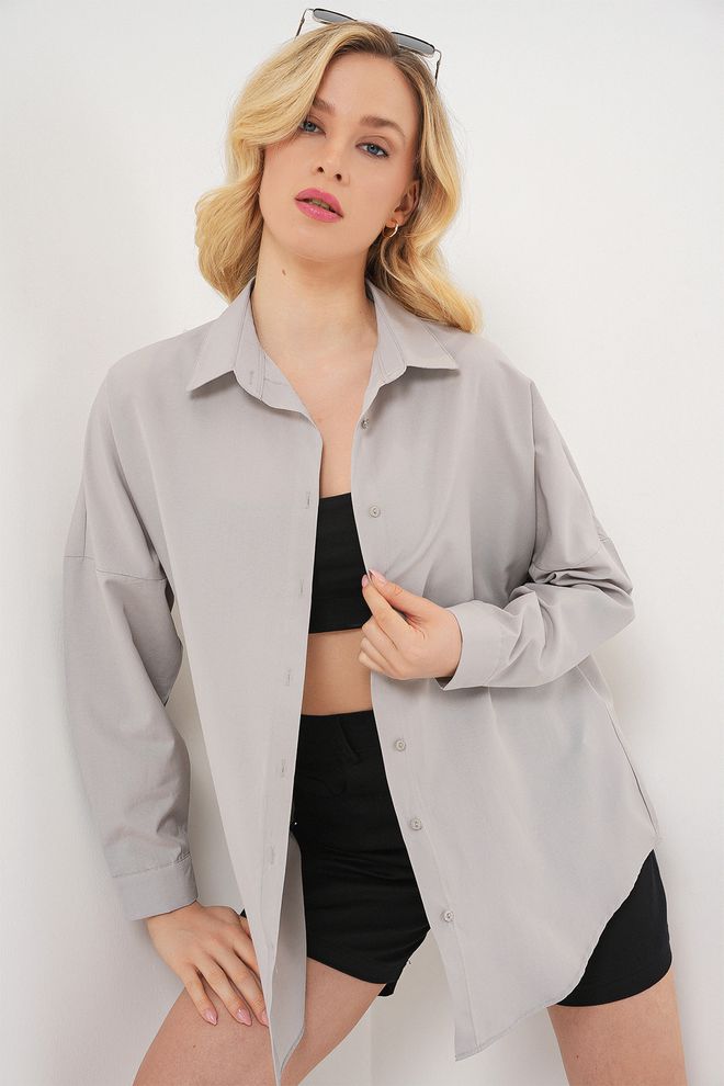 Bigdart Grijs Casual Shirt Met Sjaalkraag En Oversized Pasvorm Groothandel Kleding Casual