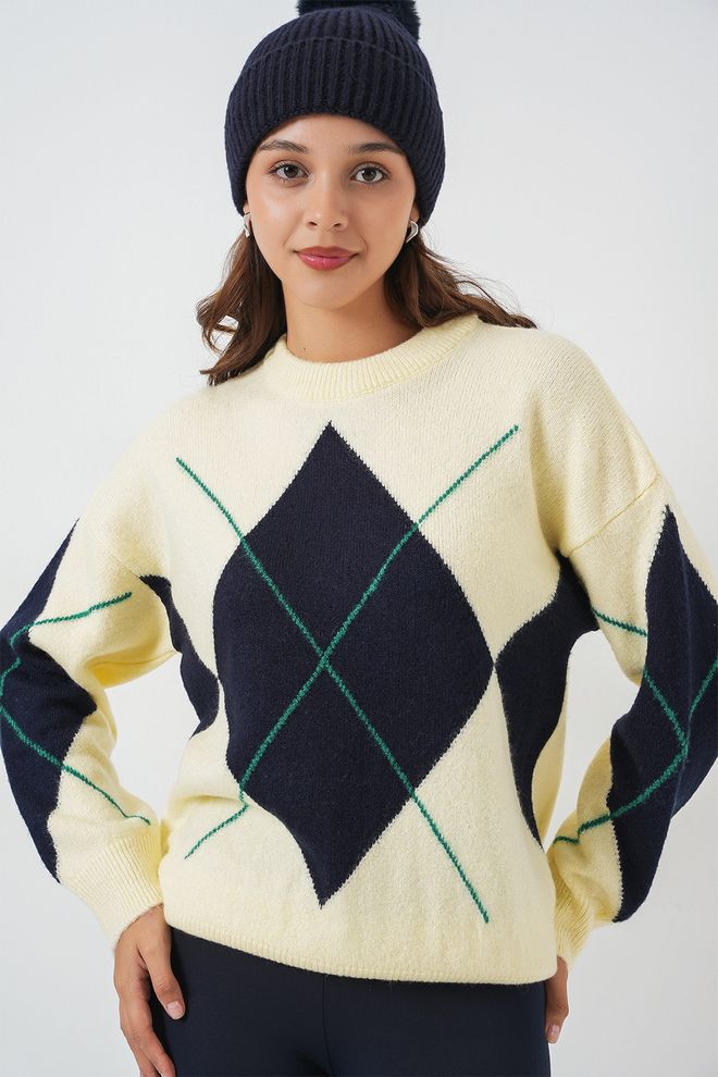 Bigdart Camisola Bege Com Padrão Argyle E Decote Redondo Roupas por atacado Outono