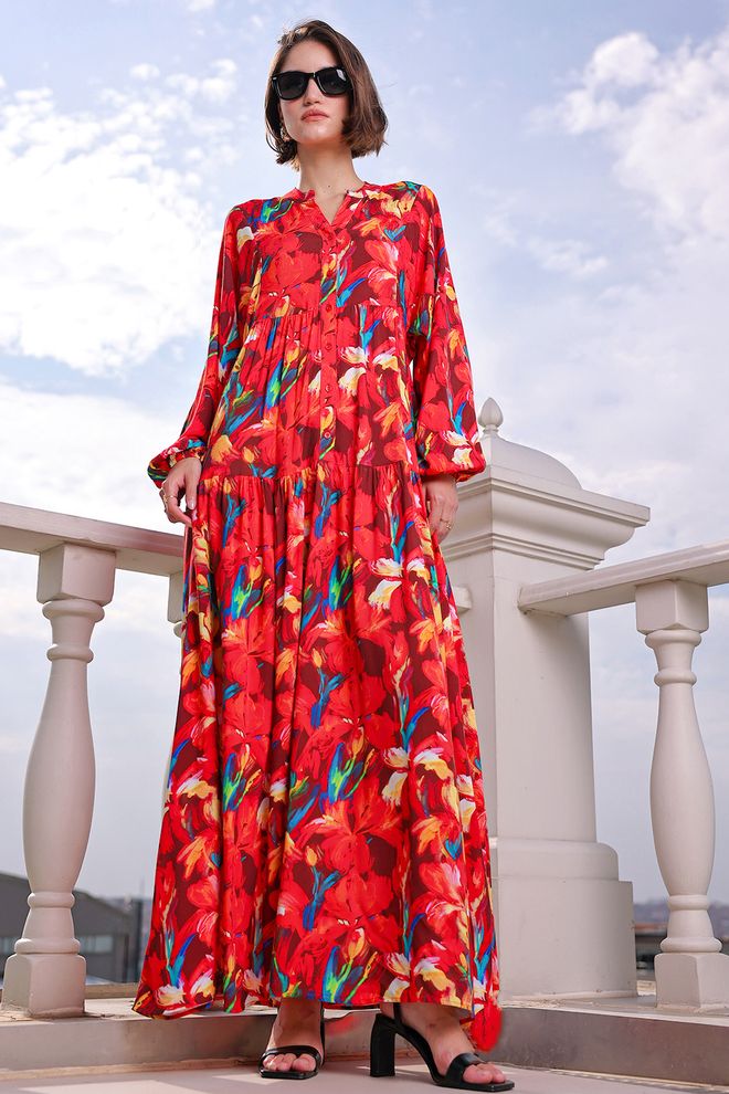 Bigdart Rotes Boho A Linien Kleid Mit Floralem Muster Großhandelskleidung Modest