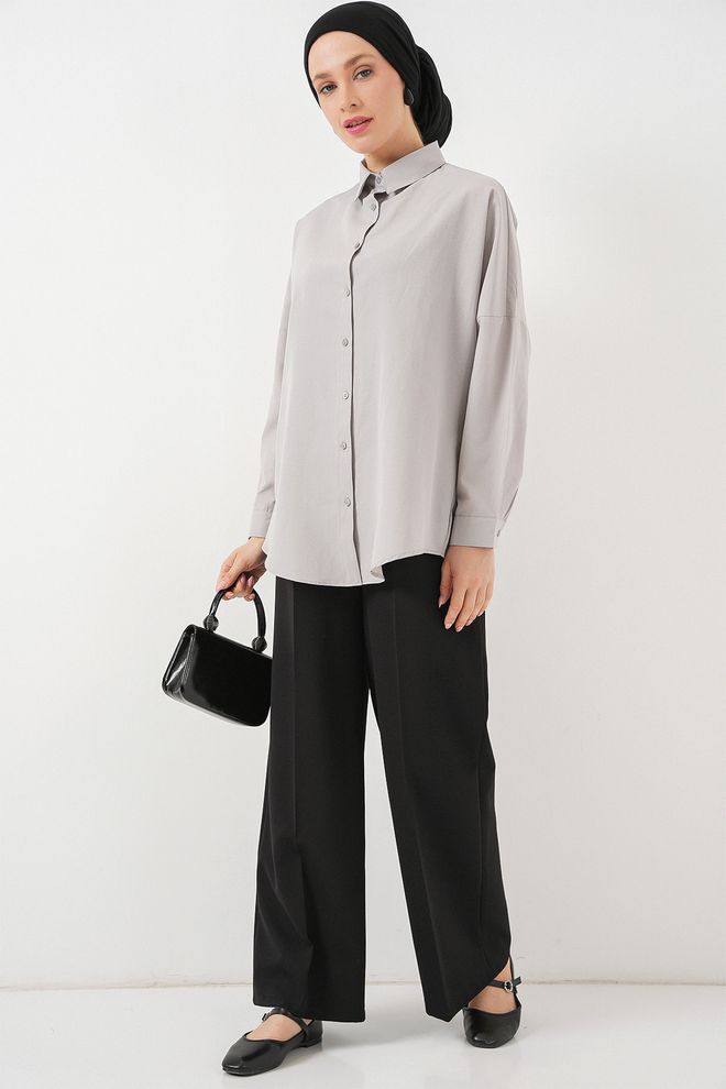 Bigdart Grijs Oversized Polohals Geknoopt Shirt Groothandel Kleding 1