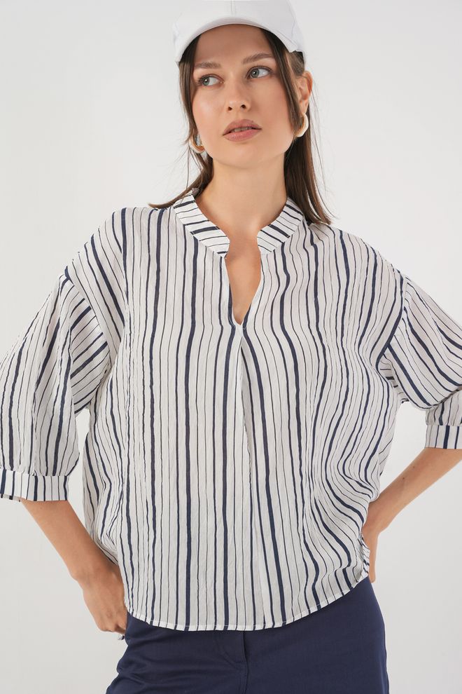 Bigdart White Striped Oversized Fit Blouse With Grandad Neck Wholesale Clothing Modest