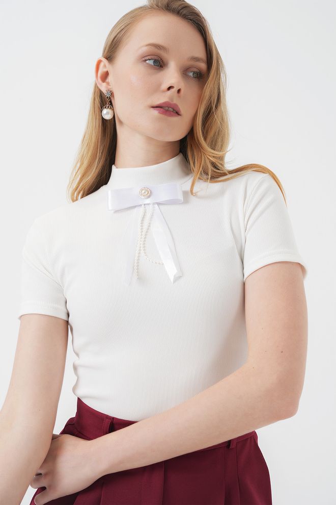 Bigdart White Elegant Slim Fit Blouse With High Neck Wholesale Clothing Modest