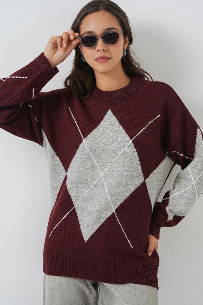 Bigdart Claret Red Argyle Oversized Fit Sweater Wholesale Clothing Casual