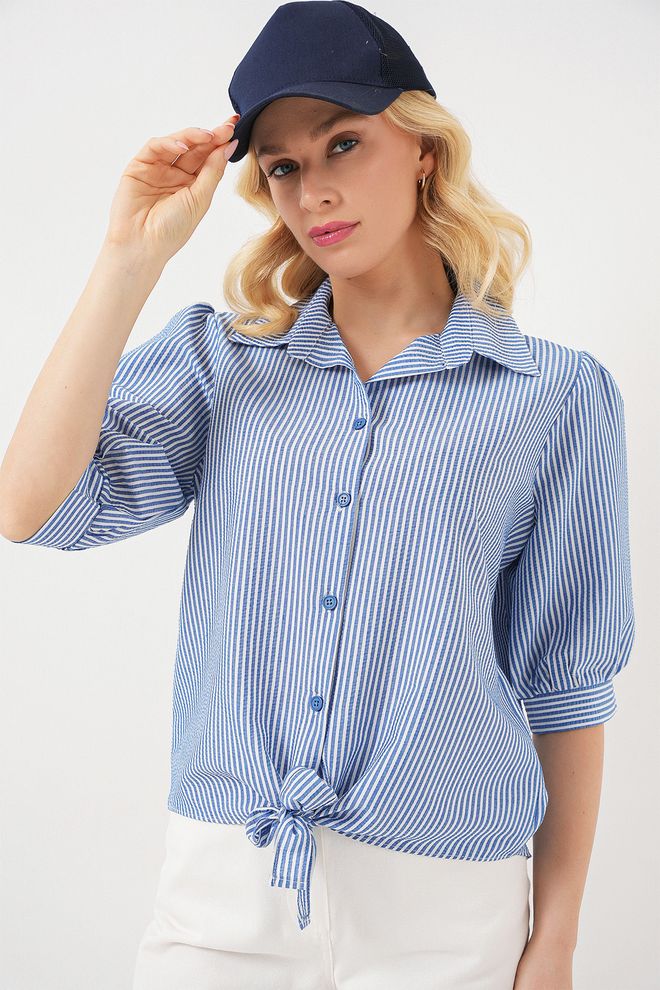 Bigdart Camicia Blu Casual Preppy A Righe Con Maniche A Sbuffo Abbigliamento all'ingrosso Casuale
