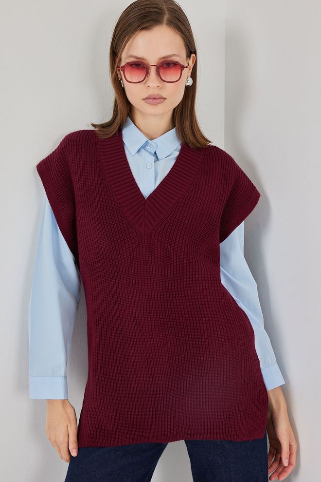 Bigdart Claret Red Sweater V Neck Oversized Long Sleeve Wholesale Clothing Casual