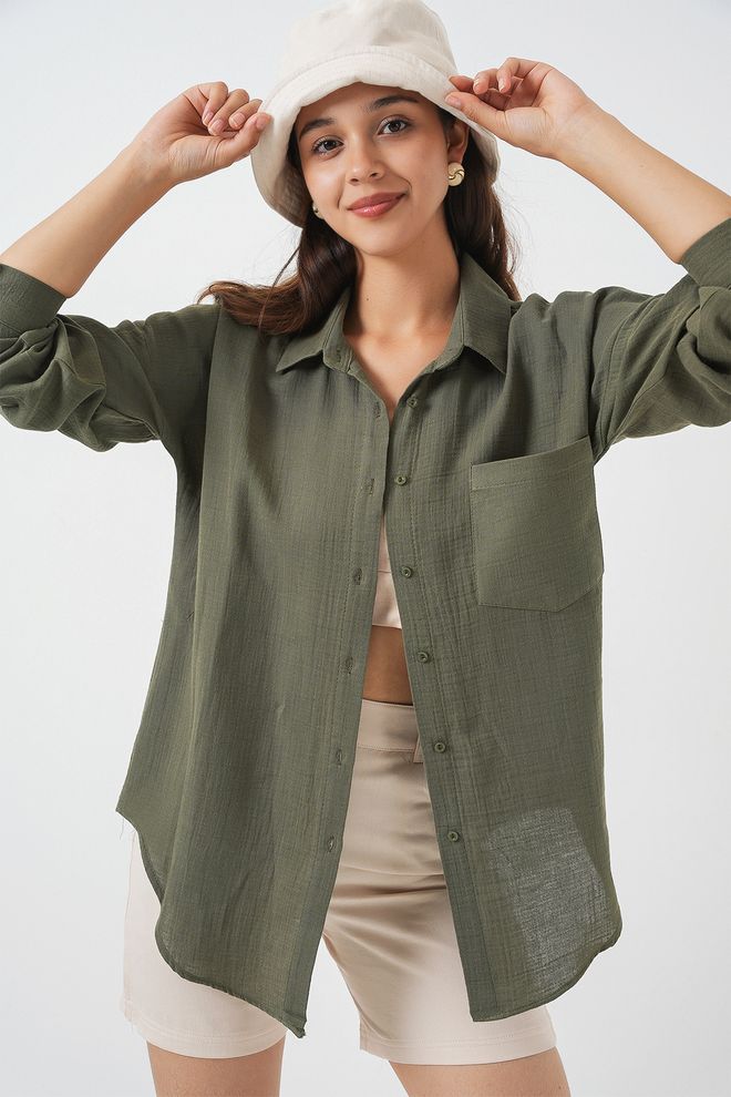 Bigdart Green Casual Oversized Shirt With Notched Neck Wholesale Clothing Modest
