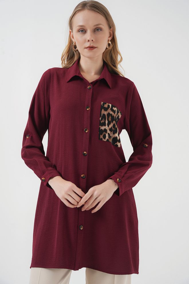 Bigdart Bordo Düğmeli Polo Yaka Ve 3/4 Kollu Tunik Toptan Giyim Tesettür