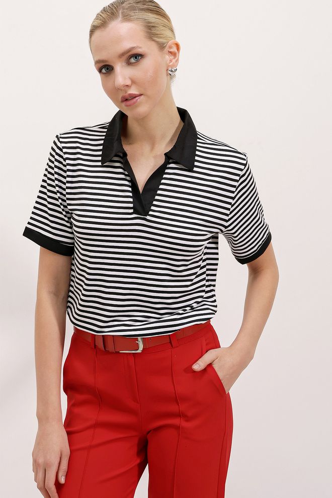 Bigdart Maglietta Casual Nera A Righe Con Collo Polo Abbigliamento all'ingrosso Casuale