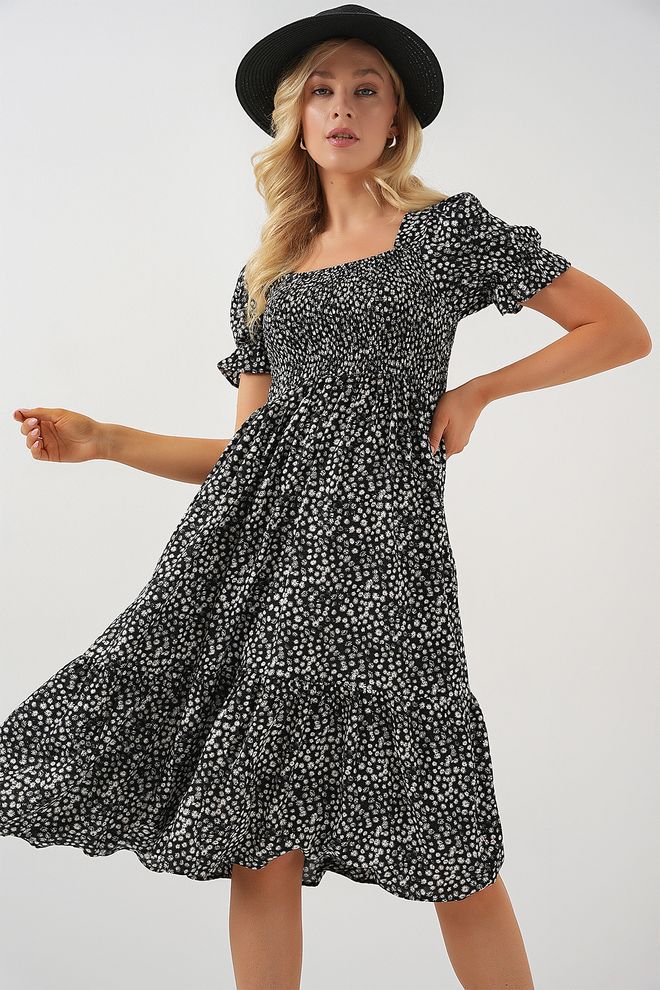 Bigdart Schwarzes A Linien Midi Kleid Mit Floralem Muster Und Rüschenärmeln Großhandelskleidung Lässig