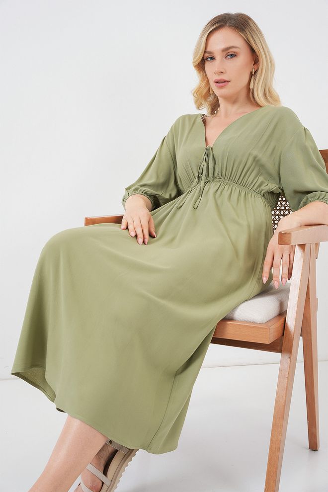 Bigdart Robe Midi Verte A line Avec Encolure En V Et Manches 3/4 Vêtements en gros Modeste