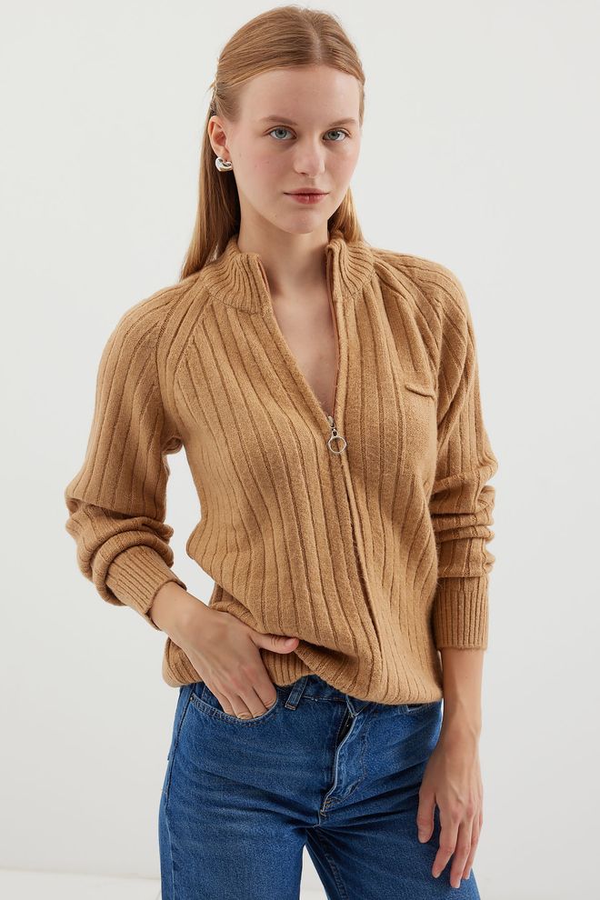 Bigdart Beige Cardigan With Striped Pattern And Zip Up Closure Wholesale Clothing Casual