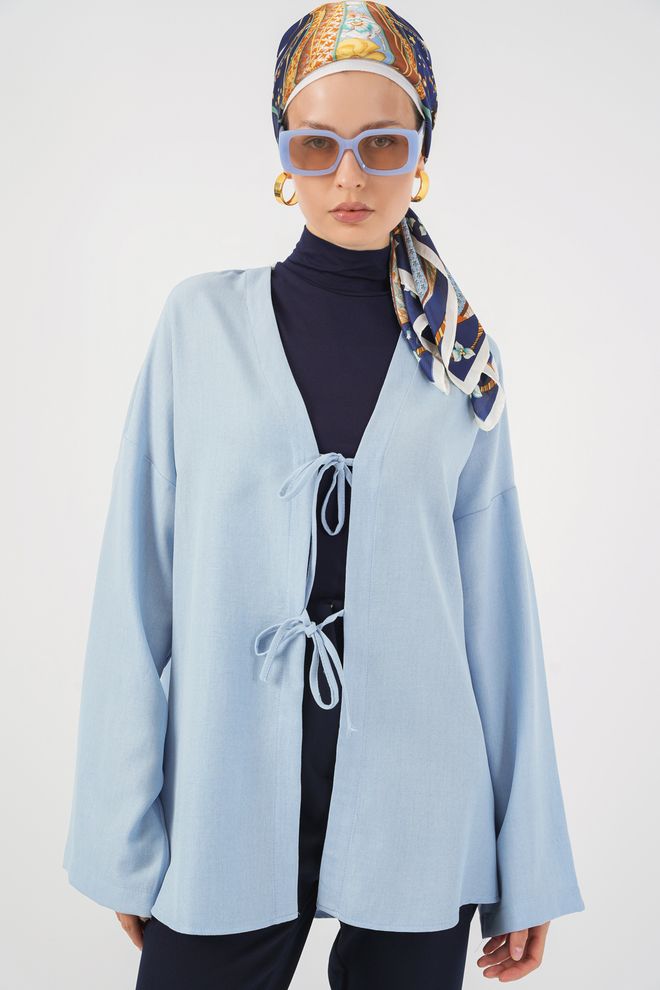 Bigdart Blue Kimono With Oversized V Neck And Tie Closure Wholesale Clothing Modest